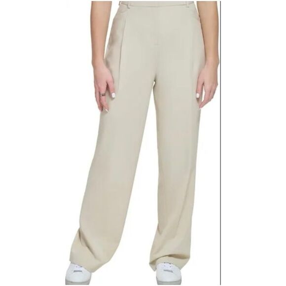 CALVIN KLEIN PANTS HIGH WAISTED WIDE LEG PLEATED CREAM KHAKIS SZ 2 NWT - Picture 1 of 9